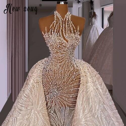 Romantic High Neck Mermaid Wedding Dress 2021 Luxury Appliques Detachable Train Princess Bride Gown Dubai Vestido De Novia