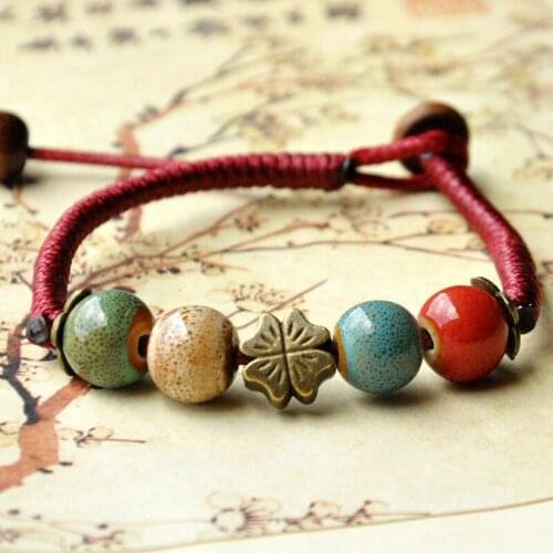 12 Pieces/Lot Ceramic Beaded Bracelet Colorful Beads Four Leaf Clover Leaves Charm Bracelets For Women Statement Fashion Jewelry