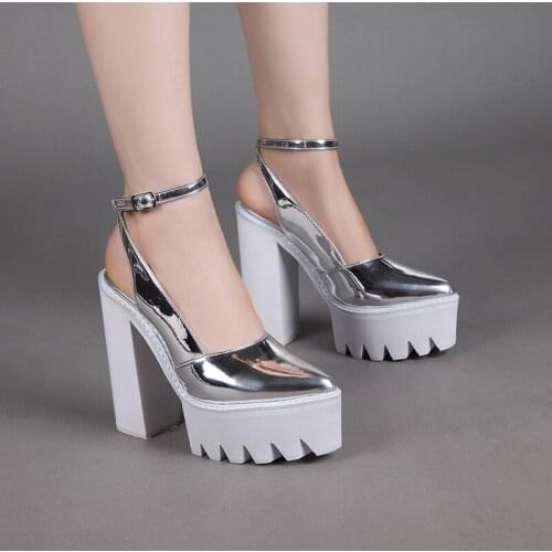 Ladies Bling Silver Ankle Strap Platform Pointed Toe Sandals Sexy Chunky High Heels Front Cut Real Leather Summer Shoes
