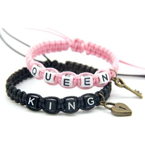 2pcs/pair Couple Bracelets Cute Black Pink Beadeds King Queen With Key Lock Rope Chains Lovers Gift Handmade Charm Bracelets