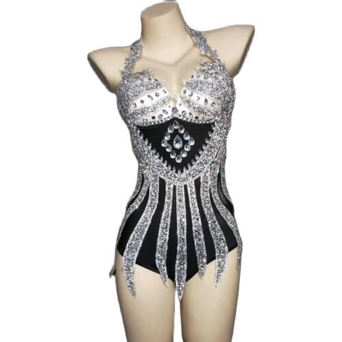 Rhinestone Black Jumpsuit Sexy Halter Bodysuit Women Nightclub DJ Singer Host Stage Show Costume Party Birthday Outfit