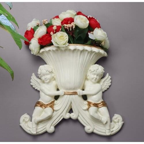European Wall Hanging Resin Double Angel Vase Decoration Craft Livingroom Wall TV Background Mural Artificial Flower Accessories