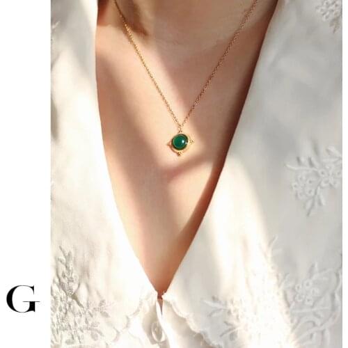 GHIDBK French Eligent Delicate Simple Stainless Steel Natural Green Geometric Stone Chokers Necklaces Women Palace Style Jewelry
