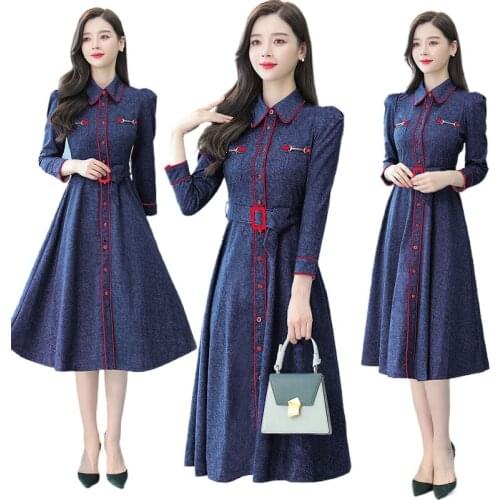 Mid-Length Cardigan Womens Clothes Dress Spring and Autumn New Korean Style Tight Waist Temperament plus Size Dress