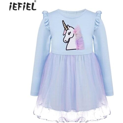 New Toddler Kids Dresses For Girls Spring Autumn Long Sleeve Cartoon Print Baby Girl Dress Glittering Mesh Tutu Princess Dress