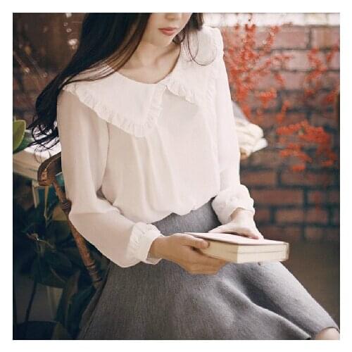 2020 New White Blouse Girls Pan Collar Long Sleeve Upper Outer Garment Sweet Lovely Comfortable Ventilation Versatile