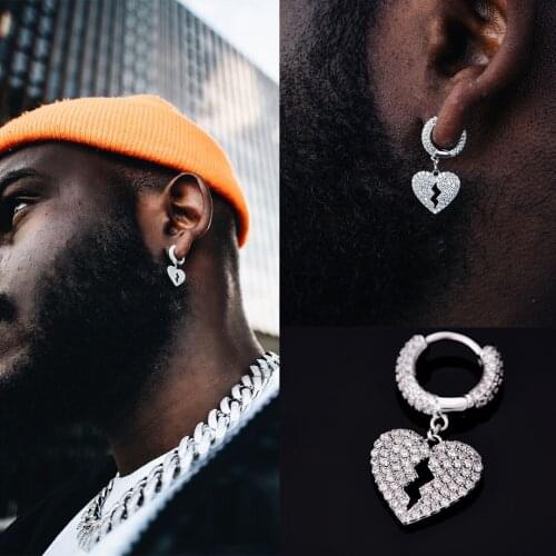2021 New Iced Out Bling Micro Pave Clear CZ 5A Cubic Zirconia Heart Charm Silver Color Hoop Earring Hiphop Boy Mens Jewelry
