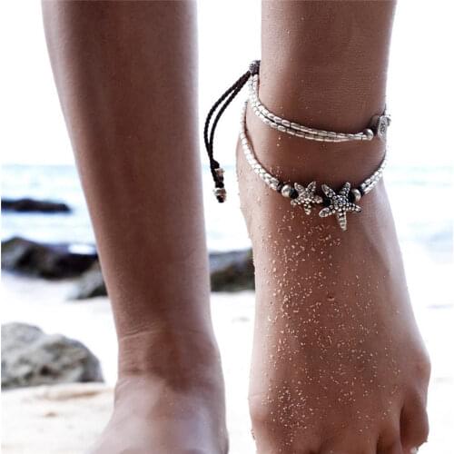 Vintage Bracelet Foot Jewelry Retro OM Anklet for Women Girls Ankle Leg Silver Color Chain Charm Starfish Beads Bracelet Beach