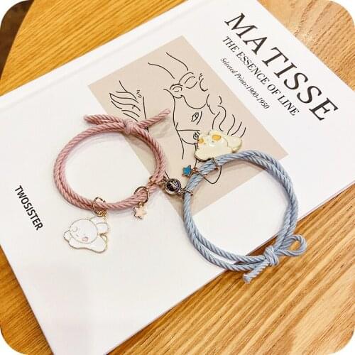 W&G Kawaii Magnet Attracts Couple Bracelet Cartoon Charm Adjustable Elastic Rope Bracelets Lover Gift for Women Hair Roep