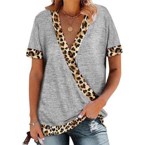Womens Plus Size Cotton Tshirt Leopard Patchwork Casual Tunic Summer Short Sleeve Female T-shirt 3XL