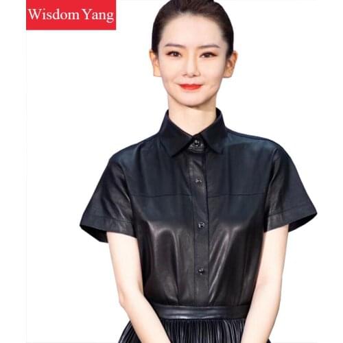 Black Sheepskin Genuine Leather Shirt Tops Womens Motorcycle Jacket Top Ladies Vintage Coats Female Overcoat Outerwear Gothic