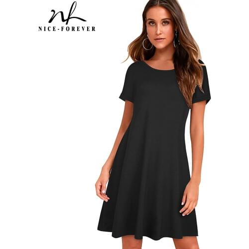 Nice-forever Causal Pure Color Basic Summer Short Dresses Women Straight Shift Loose Dress A211