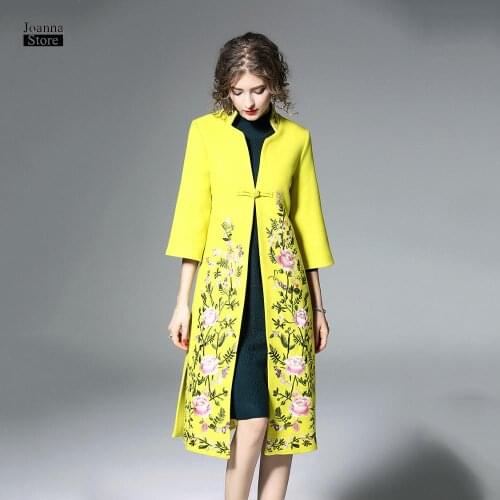 Emboridery elegant winter coat women wool coats Asian national coat yellow plus size vintage fall outwear streetwear hot clothes