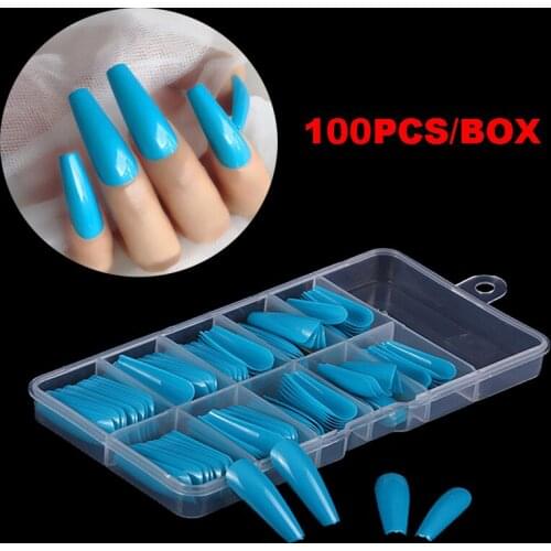 100Pcs/Box 14Colors Extra Long Ballerina False Nails Clear/SKY BLUE Coffin Fake Nails Art Tips Flat Shape Full Cover Charms Nail