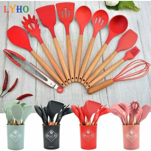 12/16Pcs Kitchen Silicone Cooking Utensil Set Black Wooden Spoons for Cooking Gadgets Spatula Holder Handle Heat Resistant Ladle