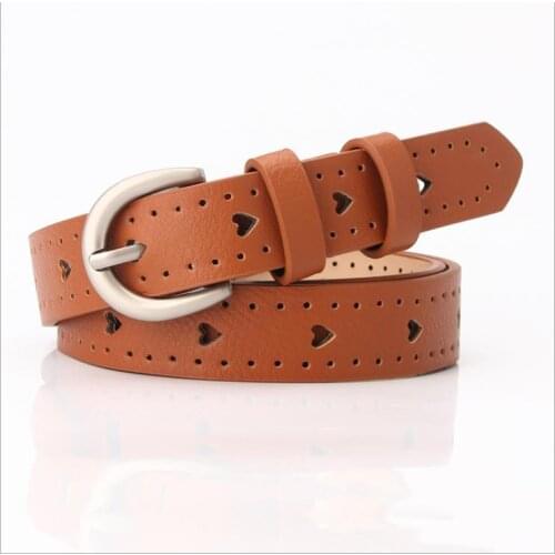 2021 Women Vintage PU Leather Belt Hollow Out Holes Heart Shape Adjustable Thin Waist Metal Buckle Waistbelt for Lady