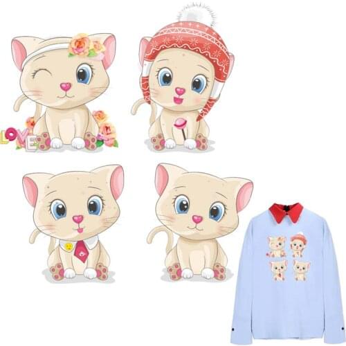 4Pcs/Set Cute Cat Sticker Patch Washable Transfer Paper Hot Tear Heat Press Diy Hoodie Tops Patches For Clothing