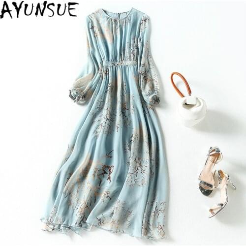AYUNSUE Spring Summer 100% Silk Dress Women Beach Long Dress Elegant Floral Dresses for Women Long Sleeve Vestido De Mulher 2021