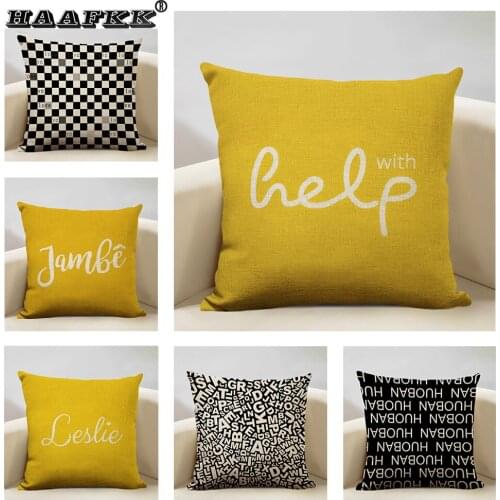 Black and Yellow Letter Decorative Cushion Cover, Fashion Seat Pillow, Home Sofa Decoration 45x45cm High Quality Linen
