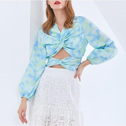 Painted Printed Tops Shirt 2021 New V-Neck Hollow Sexy Short Sleeve Tops Irregular Color Printed Lantern Sleeve Tops