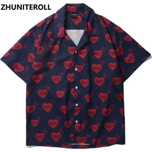Harajuku 2021 Beach Shirts Graphics Heart Print Hip Hop Button Shirt Mens Fashion Casual Short Sleeve Holiday Party Blouse Tops