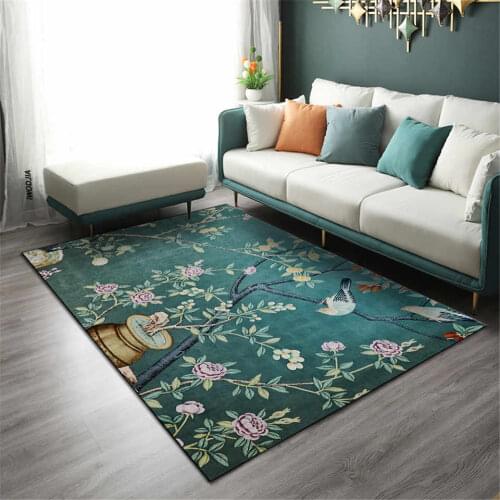Chinese Style Flower And Birds Dark Green Carpet Rural Style Large Rug For Living Room Bedside Rug Soft Flannel Washable Mat