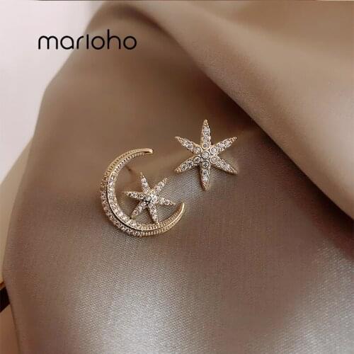 Marioho Fashion Asymmetric Hollow Out Moon Star Stud Earrings Geometric Rhinestone Earrings Prevent Allergy Women Jewelry