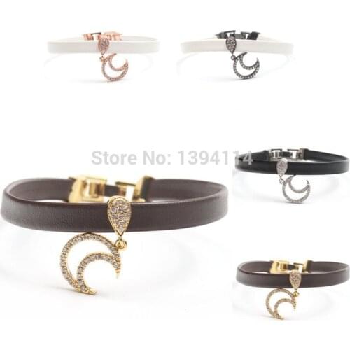 Micro Pave Clear CZ Moon Charm Stringed 8*1mm Leather Cord Fold Over Clasp Bracelet Jewelry Approx 8 Inch