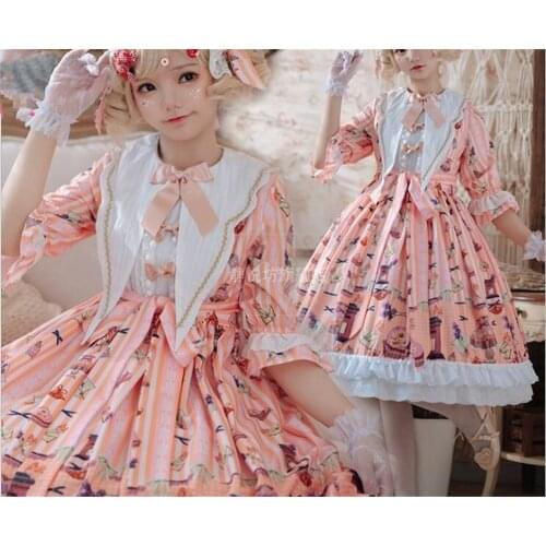 Sweet Womens Palace Retro OP Dresses half Sleeve Princess Lolita Bow Spring Falbala Doll Dress B814