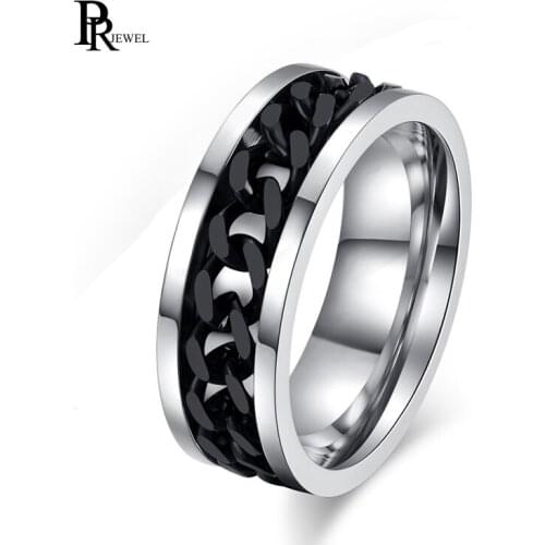 8mm Mens Stainless Steel Spinner Rotatable Chain Ring Biker Wedding Band Black