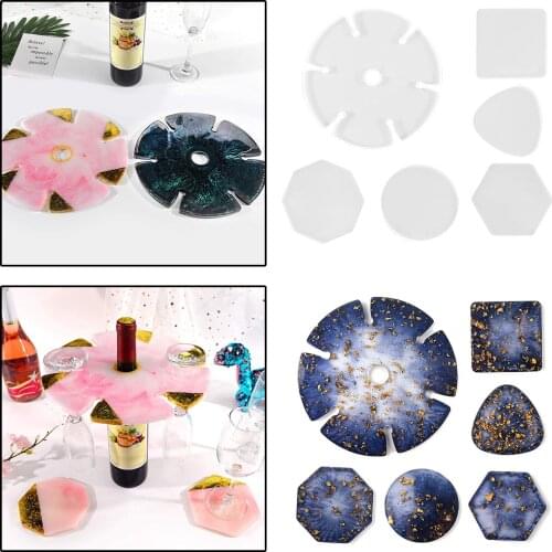 6pcs Silicone Resin Coaster Molds Set, Wine Glass Rack Mold Tray Mold, Square/Round/Triangle/Hexagon Epoxy Casting Molds