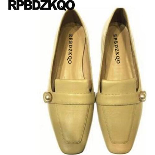 Genuine leather maternity flats women slip on loafers chinese yellow ladies designer shoes china retro square toe vintage 2019