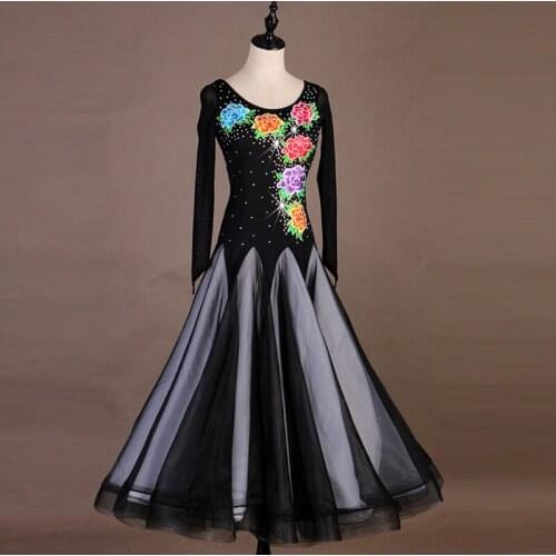 2019 Women New Black Embroidery Big Flowers Rhinestone Decoration Modern Dance Dress Long Sleeve Team Competition Dance Costume