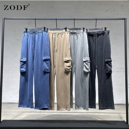 ZODF New 2021 Autumn Men Pockets Sweatpants Loose Unisex Solid Hip Hop Washed Vintage Cotton Cargo Pants Trousers HY0239