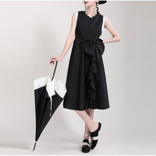 The New Summer 2021 Design Feeling Sleeveless Dress Clash Color Fake Two Bowtie Big Wing Black Dresses