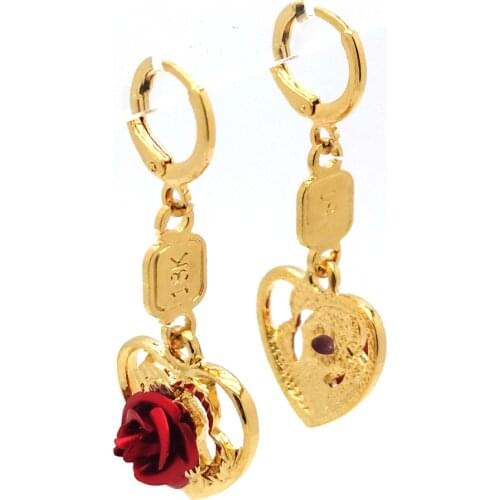 NEW EARRINGS ARRIVAL 18 k SOLID FINE GOLD GP STUD EARRING WITH RED ROSE FLOWER HEART DESIGN DIY LENGTHENING