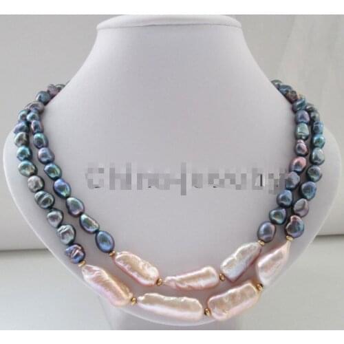 2row 17"-18" 11mm black & 20mm baroque keshi reborn freshwater pearl necklace-GP
