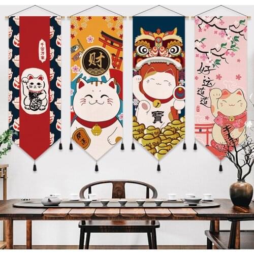 Fortune Cat Japanese Scroll Painting Canvas Wall Art Posters Restaurant Living Room Decor Aesthetic Pictures Vinatge Home Decor