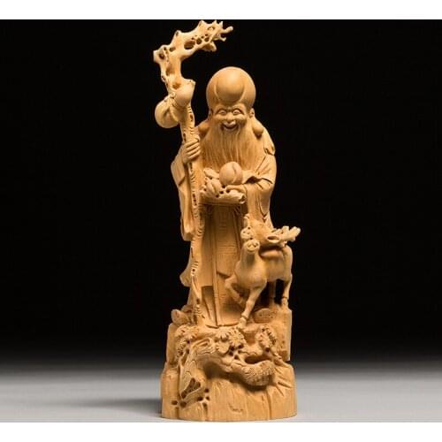 Chinese Style Longevity God Old Shou Xing Wood Carving Sculpture Buddha Home Decoration Crafts