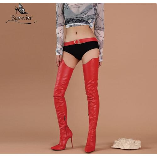Sgesvier Sexy Women Over Knee Boots PU Leather Thin Heel Fashion Thigh High Boots Waist Belt Strap Zip Shoes Woman Size 37-47