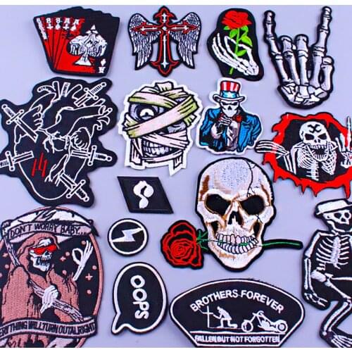 Pulaqi Punk Rose Skull Death Embroidered Iron on Patches Heart Patch Ironing Sticker For Clothing Ornament Logo Biker Jacket DIY