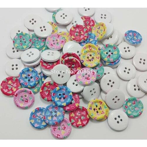 WBNSVO White Back 4 Holes 18mm Painting Love and Dots wooden Buttons for children Clothes 100pcs Mixed Scrapbook Decoration