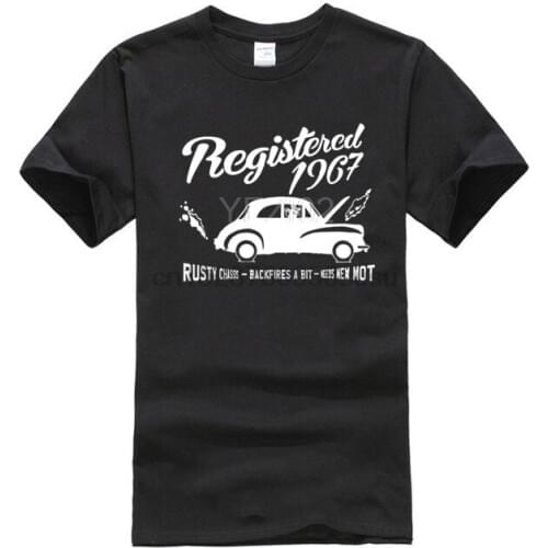 Registered 1967. Birthday celebration t-shirt Backfires a bit Morris Minor