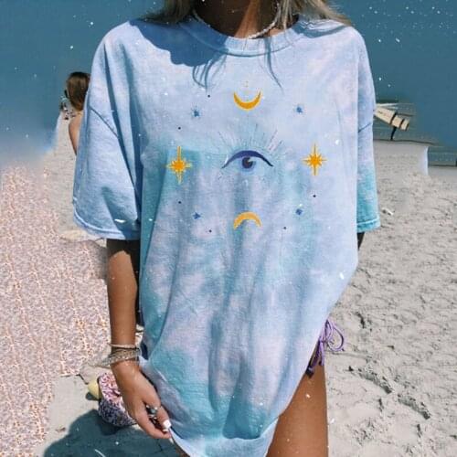 Harajuku Blue Tie Dye Oversized T Shirt Women Summer Casual Loose Short Sleeve Tee Shirt Femme Vintage Star Print Tshirts Top