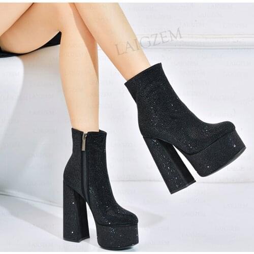 LAIGZEM Women Ankle Boots Platform Bling Crystal Thick Chunky High Heels Booties Comfortable Prom Ladies Shoes Woman Size 39 41