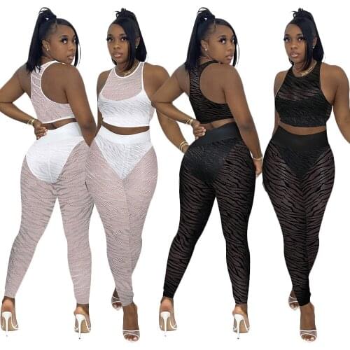 Summer Sheer Mesh Patchwork Black White Two Piece Set Women Casual Racer Vest Crop Top + Pants Suits See Through Club Outfits
