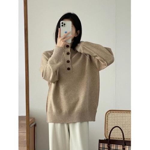 Winter Long Sleeve Button Pullover Jumper Casual Warm Ladies Khaki Tops Pull Femme Women Solid Loose Turtleneck Sweater