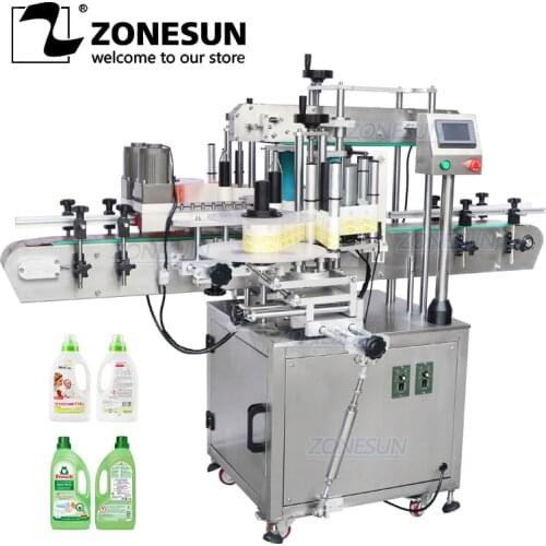 ZONESUN Stand Automatic Liquid Detergent Bottle Square Juice Beverage Bottle Double Side Labeling Machine