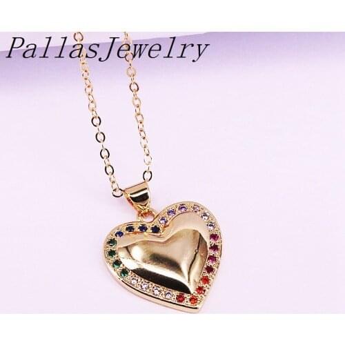 10Pcs rainbow colorful cz Cubic zirconia CZ Pave Heart jewelry Copper pendant bright necklace