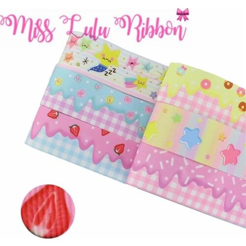 16mm-75mm Colorful Star Check Printed Grosgrain/Foe Ribbon Sweet Strawberry Doughnut DIY Hair Bowknots Gift Packing 50yards/roll